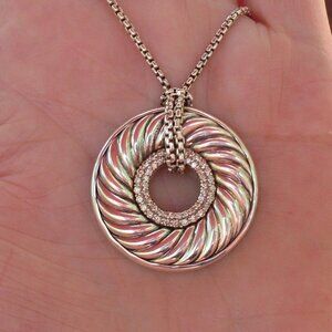 Retired David Yurman Diamond Cable Disc or Donut Pendant w/DY Chain - 925